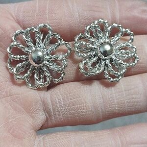CORO VINTAGE DOUBLE LAYERED FLORAL SILVER-TONE DROP CLIP-ON 1" EARRINGS